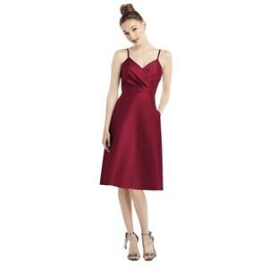 ALFRED SUNG Faux Wrap V-Neck Satin Twill Burgundy Dress with Pockets